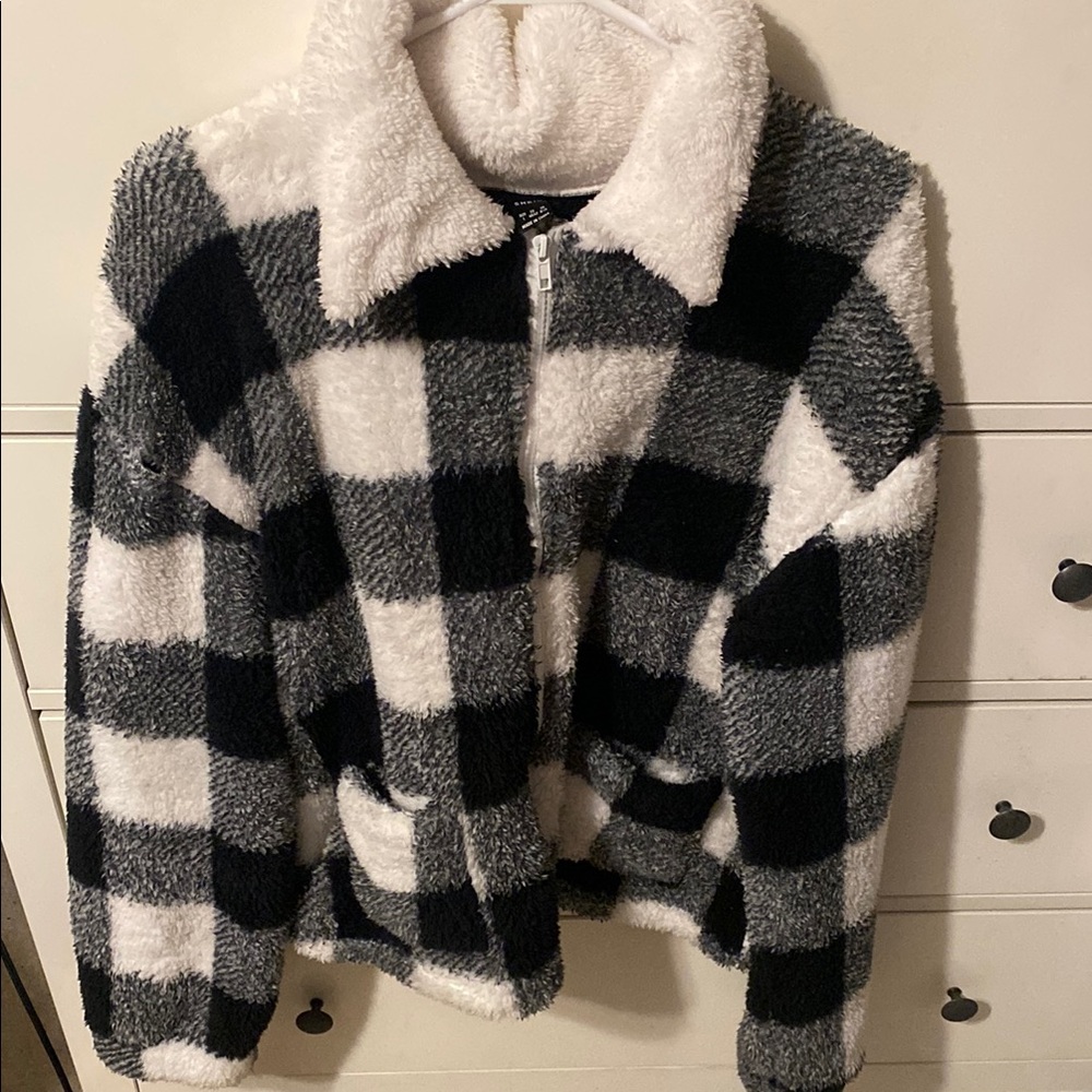 SHEIN Black and White Checkered Teddy Jacket